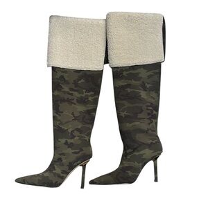 Good American Women's Green Camouflage Faux Sherpa Lined Stiletto Boots Size 9.5